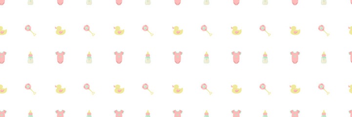 Simple seamless pattern with baby items. Cute print for nursery wallpaper and bedding design.
