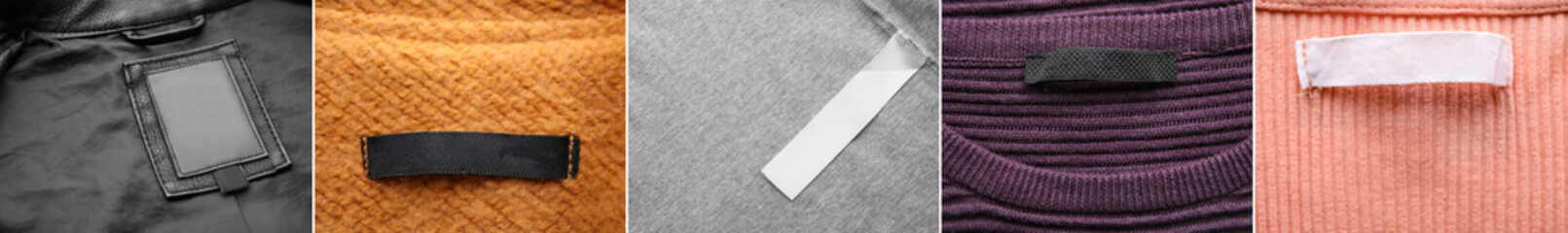 Group of labels on clothes, closeup view