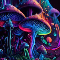 Fantastic colorful mushrooms drawn with rainbow gradient paints. Generative AI.