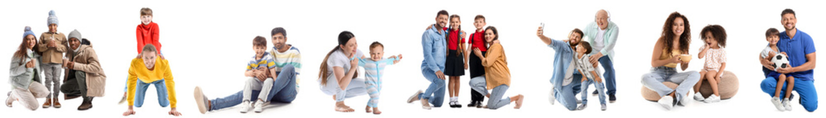 Collage of happy families on white background
