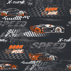 Abstract seamless pattern with sport car. Grunge repeat print with slrace auto illustration. Automotive cover ornament worth chequered flag © Kseniia Koval