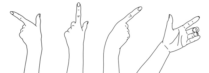 Set of linear hands showing direction. Black and white gesturing hands. Forefinger sign. Open hand