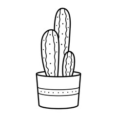 Cute cactus in a small pot. Linear doodle illustration. Simple element for design. Gardening and home hobby. A beautiful interior item for a minimalist design. Stylized print for products.