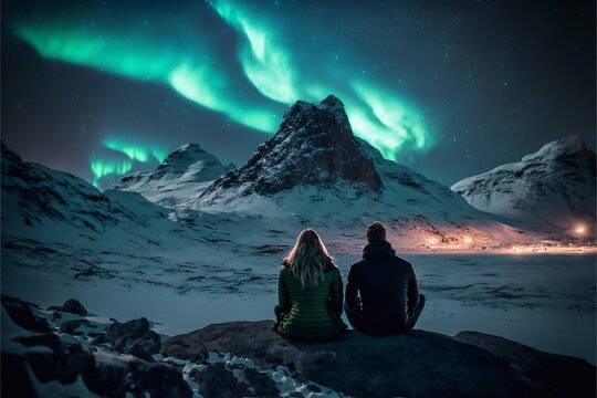 couple sitting in front of a mountain looking at the northern lights, generative AI