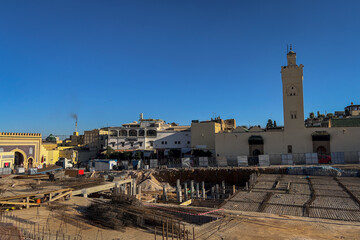 Underground parking lot under construction next to the blue gate in the medina of Fez