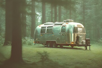 Old vintage air streamer camping caravan in the forest - obrazy, fototapety, plakaty