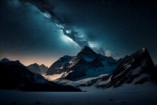 Snowcapped mountains in starry night sky 