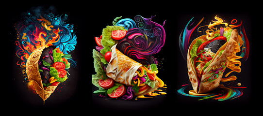 Set of cartoon doner kebab, wrap, shawarma. AI generative.. - obrazy, fototapety, plakaty