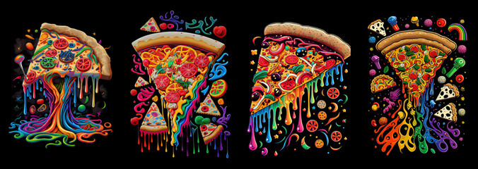 Set of cartoon pizza slices with dripping cheese. Generative AI.