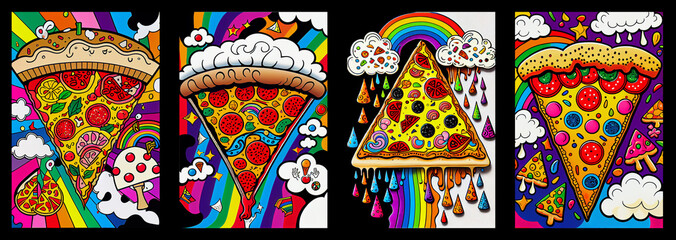 Set of cartoon pizza slices with rainbow. Generative AI.