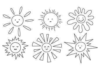  Graphic set of different doodle cute suns. Line doodle sketches of various cartoon suns 
