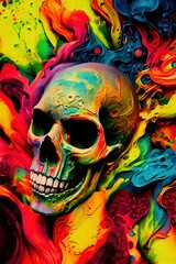 Colorful Skull surrounded by splashes of color