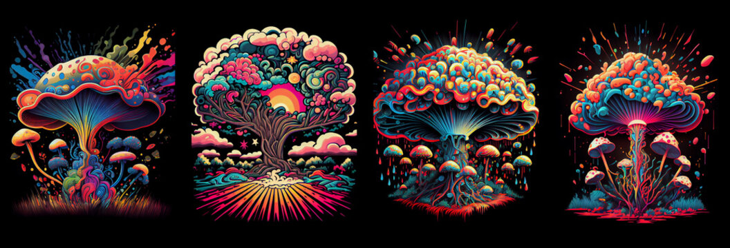 Set of psychedelic cartoon nuclear explosion. Generative AI..