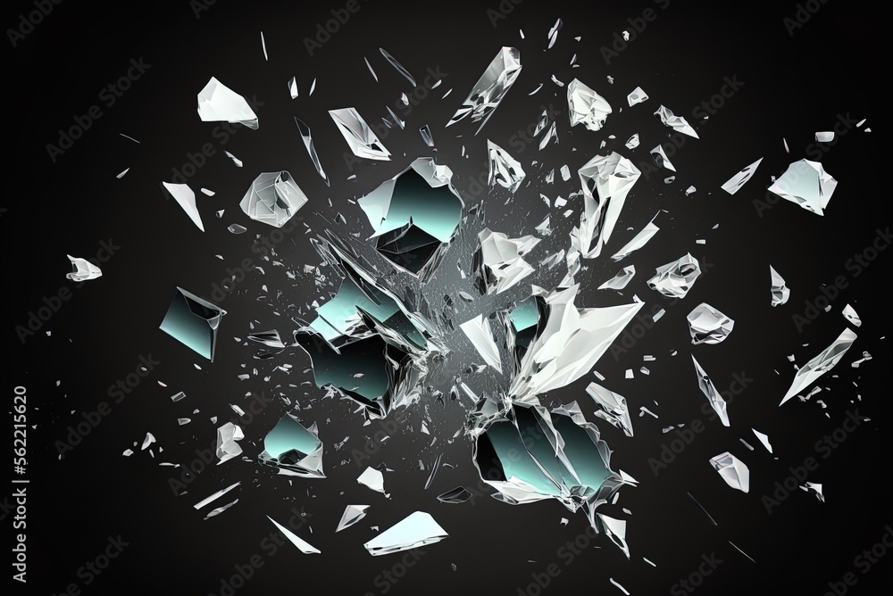 Poster glass shards on a dark backdrop, scattered bits of a smashed window, shards of clear ice with jagged
