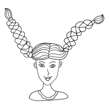 Happy doodle teenager girl with red hair in pigtails for coloring book isolated on white background. Pippi Longstocking from the fairytale,  portrait.