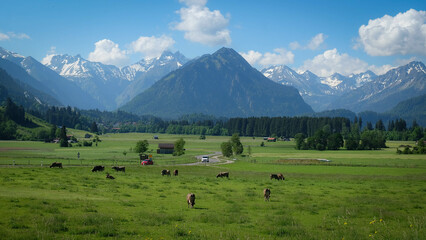 Fototapeta na wymiar Idyllisches Panorama im Sommer bei Oberstdorf mit Kühe auf der Weide