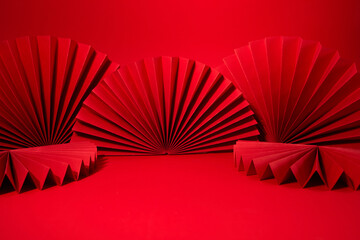 Red abstract background with hand paper fan for product minimal presentation