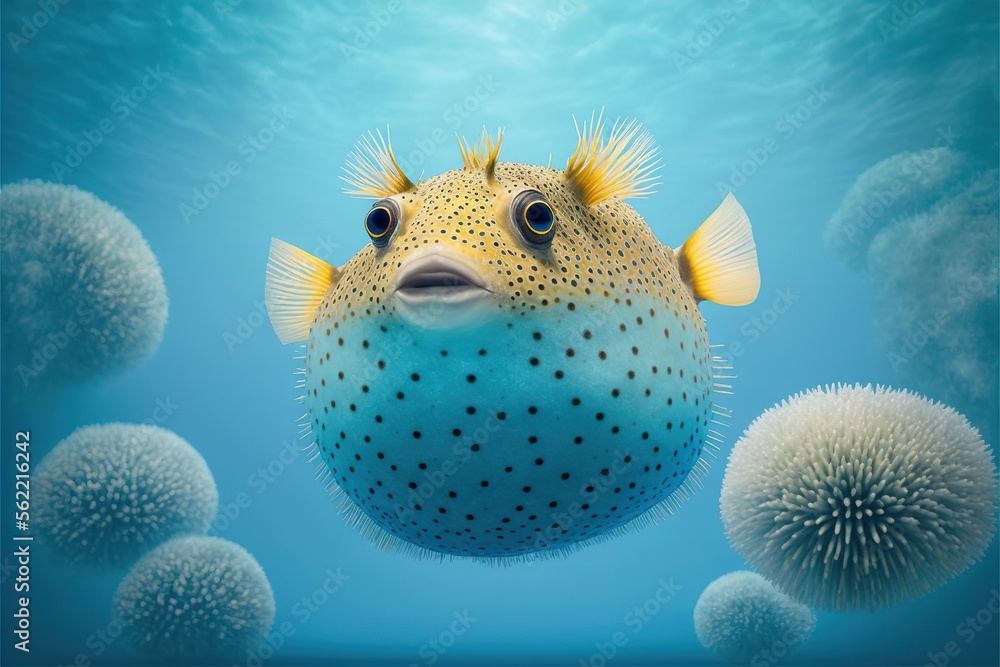 Wall mural Inflated blow fish in tropical waters generative AI