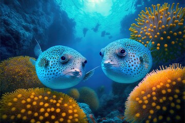 Fototapeta premium Two pufferfish underwater generative AI