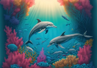 Two dolphins illustration in coral reef generative AI