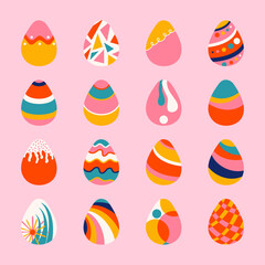 Easter eggs collection vector illustration isolated on pink. Painted colorful eggs. 16 Vibrant holiday clip art elements in bright retro style