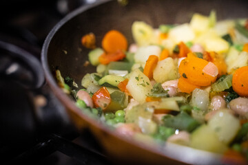 Fresh vegetables background. Harvest and food concept. Assortment of colourful healthy food. Steamed mixed vegetables in a pot. Healthy food concept.
