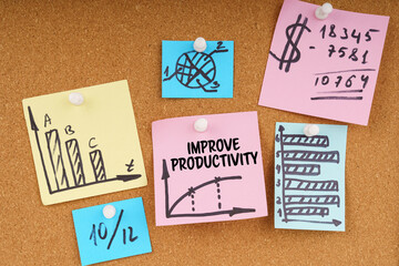 On the board are stickers with graphs and diagrams and the inscription - Improve Productivity