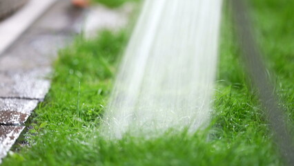 Watering grass garden outside with water-hose