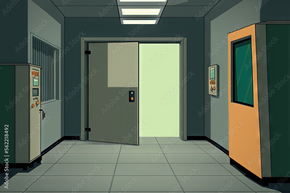 Poster empty clean room with exit door at factory. generative ai