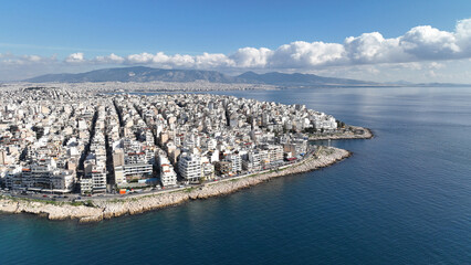 Aerial drone photo of famous dense populated district of Piraeus, Peiraiki or Freatida, Attica,...