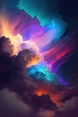 Abstract sky of colorful neon clouds, sunbeams shine through, illustration made with Generative AI
