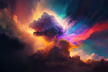 Fototapeta premium Abstract sky of colorful neon clouds, sunbeams shine through, illustration made with Generative AI 