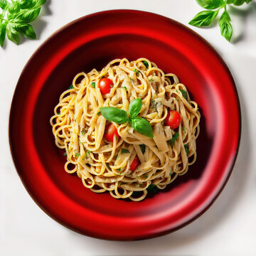 Spaghetti mit Cherry Tomaten und Basilikum auf rotem Teller