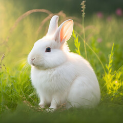 a small white rabbit sitting in the grass, animal, art illustration 