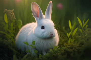a small white rabbit sitting in the grass, animal, art illustration 