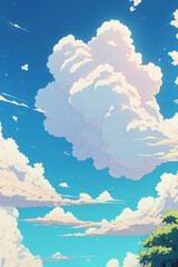 Fototapeta premium blue sky with paired clouds in anime style, art illustration 