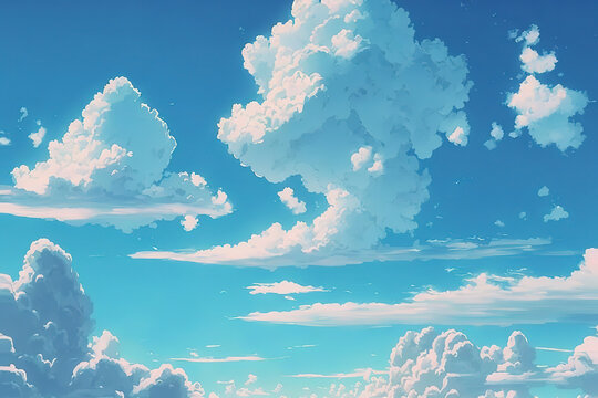 blue sky with paired clouds in anime style, art illustration 