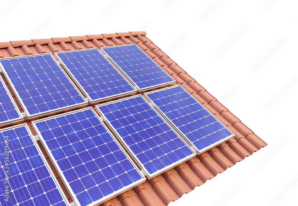 Sticker solar panels on the roof in realistic 3d render