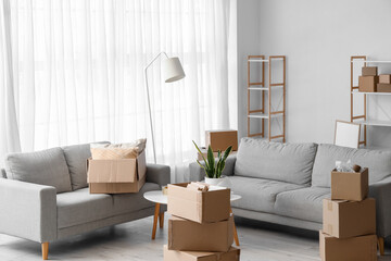 Cardboard boxes with table, sofas and shelving unit in living room on moving day
