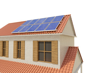 House with solar panels in 3d render realistic
