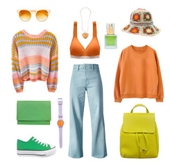 Fototapeta premium Orange green modern casual clothes isolated on white, set of bright spring female clothing. Women's apparel.