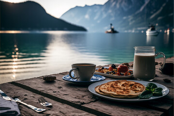 Breakfast with Lake view, Generative AI, Illustration