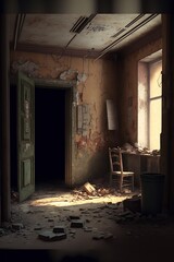 illustration of an abandoned living room, showing a broken wall, an image generated by AI