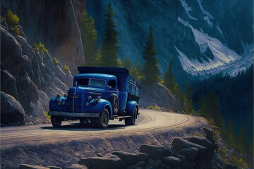 a blue truck driving down a road next to a mountain side covered in snow and trees and rocks and a mountain range in the background with snow capped mountains and trees on the side. Generative AI 