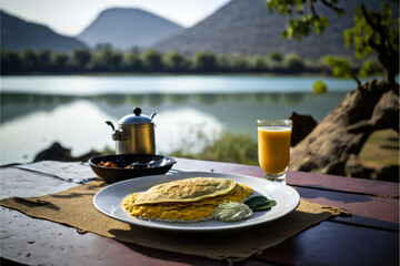 Breakfast with Lake view, Generative AI, Illustration