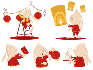 Cute rabbit in traditional clothes decorates home with lanterns and garland. Chinese New Year, Spring and Lantern Festival. Horizontal red and gold vector set in cartoon doodle style.