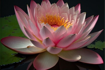  a pink flower is sitting on a pond with lily pads on the water's surface and a green leaf in the foreground of the picture, with a black background, with a. Generative AI 