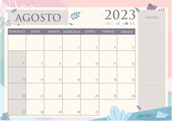 Calendario 2023 en Español - Tamaño A4 - Mes de Agosto - Spanish Calendar