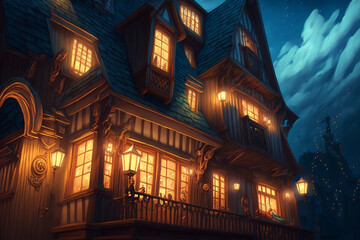 Obraz premium Beautiful fantastic background, location with wooden buildings, and rooms. Game concept, wallpaper. Generated AI.