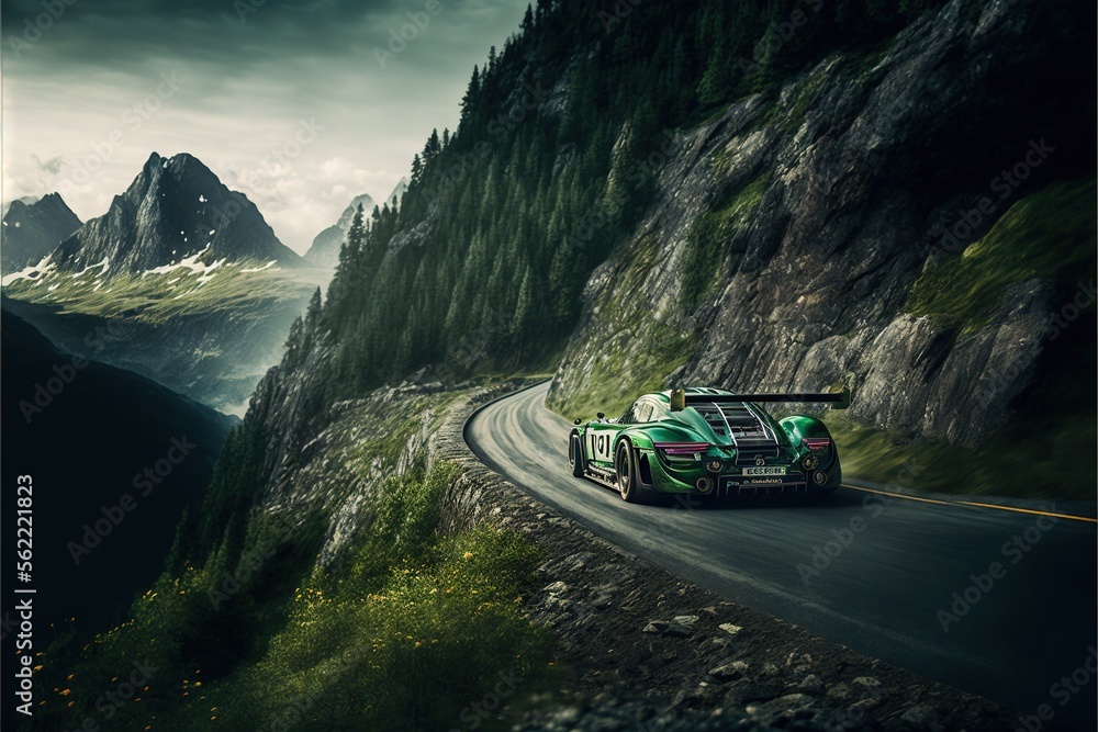 Sticker  a green race car driving down a mountain road with a mountain in the background and a dark sky above it, with a mountain range in the distance, with a dark clouds and a. Generative AI 